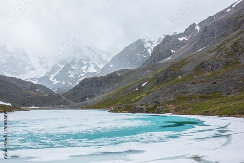 Atmospheric mountain landscape with frozen alpine lake during snowfall. Awesome cold scenery with snowfall in high mountain valley with icy mountain lake on background of snow mountains in low clouds.