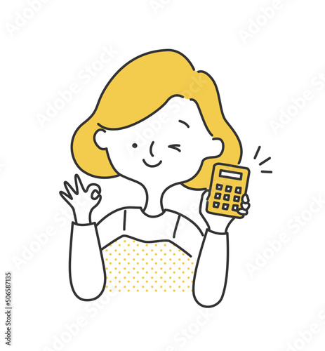 計算機を持ってOKサインを出す女性