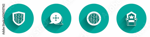 Set Shield, Crusade, Round wooden shield and Medieval throne icon with long shadow. Vector