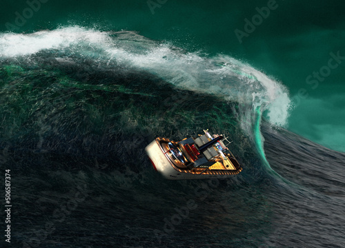 Rogue waves sinking a cargo ship, illustration photo