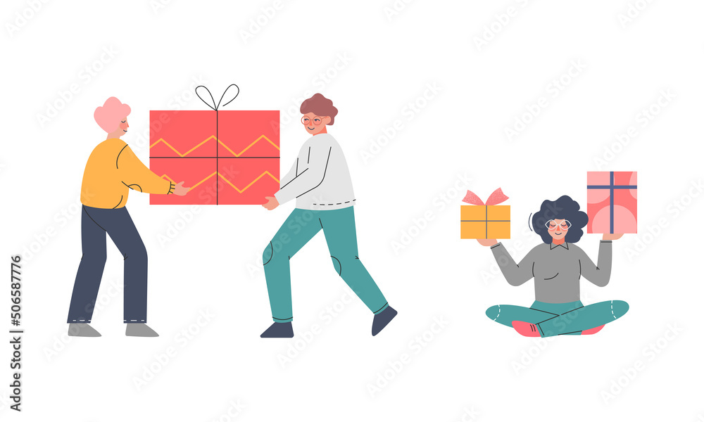 Man and Woman Character with Gift Box and Balloons Engaged in Holiday Congratulation Vector Set Man and Woman Character with Gift Box and Balloons Engaged in Holiday Congratulation Vector Set