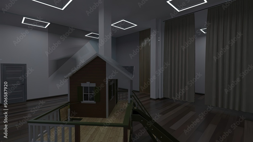 Obraz premium Interior of a room with contrasting colors on the walls and a children's playhouse in the foreground illuminated by the white light of pendant lights