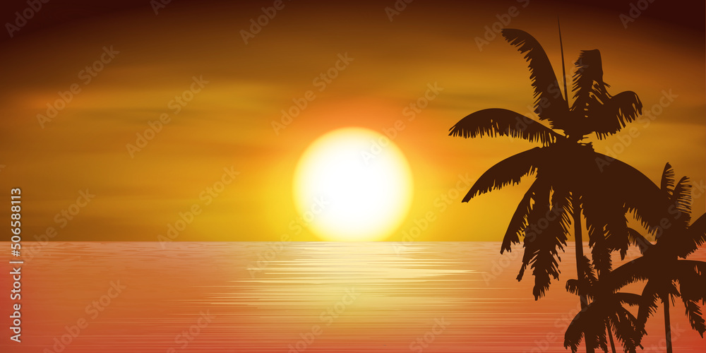 beautiful sea at sunset with coconut tree