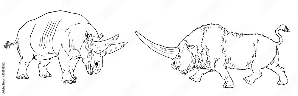 Fototapeta premium Prehistoric rhinos - elasmotherium and arsinoitherium. Drawing with extinct mammals. Silhouette drawing for coloring book.