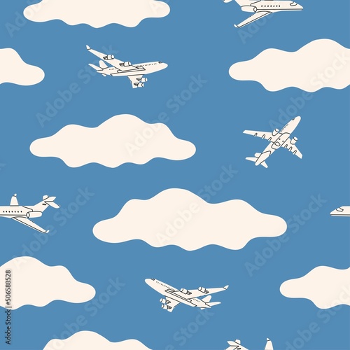 Aircraft flying above the clouds. Silhouettes of white passenger planes in the sky. Vacation, fast travel, transportation concept. Hand drawn Vector seamless Pattern. Background, wallpaper
