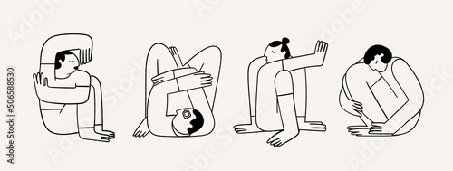 Diverse people sitting or lying in different poses. Cute abstract disproportionate characters. Hand drawn modern Vector illustration. Cartoon trendy style. Every person is isolated