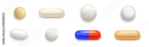 Tableau sur toile Pills, tablets and medicine drugs, colorful capsules with remedy filler