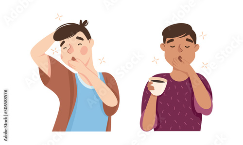 Sleepy Man Yawning Feeling Need for Sleep Vector Illustration Set