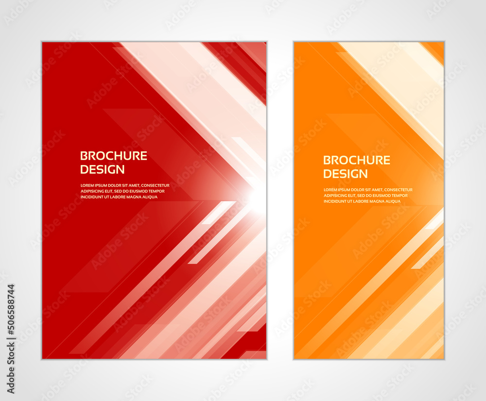 Naklejka premium Orange and red abstract geometric stripe digital flow movement brochure booklet design template vector illustration. Futuristic lines dynamic motion innovation technology development direction