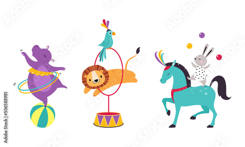 Circus Hippo and Lion Animal Jumping Through Hula Hoop and Balancing on Ball Performing Trick Vector Illustration Set