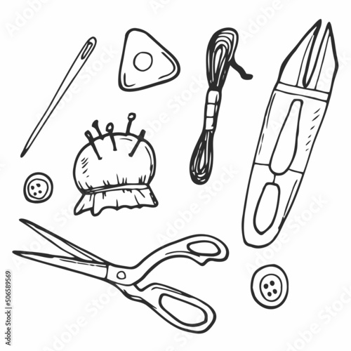 Sewing set. Free hand drawing, sketch style line icons
