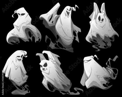 Ghosts, cartoon Halloween characters. Funny spooks creatures different emotions set. Spooky spirits emoji smiling, yelling, say boo. Fantasy monsters, horror, phantom personages, Vector illustration