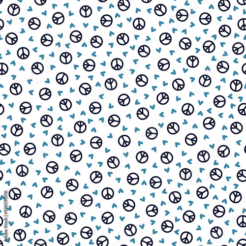 Seamless pattern with navy and blue hearts and peace sign.