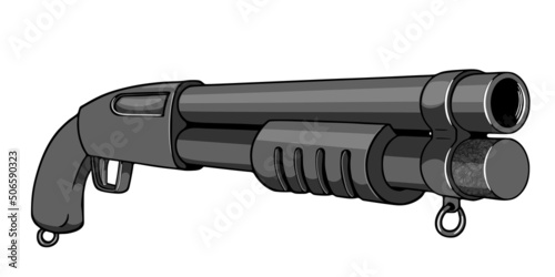 Vector illustration of a pump action shotgun. Drawing of a shortened assault shotgun. Isolated on white background.