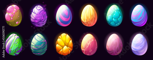 Cartoon dragon eggs with different eggshell textures isolated set, Fairy tale ui game assets, strange dinosaurs, reptiles, birds, monsters or Easter colorful ovum design elements, Vector illustration