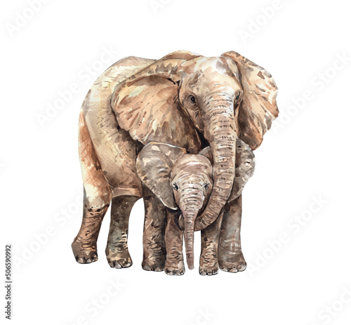 Watercolor elephant for Baby Shower, Mom and baby elephant paint, Elephant Hand drawing, Mom and baby animal digital file. Family isolated on white background. Watercolor. Motherhood, Childhood © SapG Art