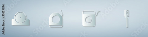 Set Otolaryngological head reflector, Dental floss, and Toothbrush. Paper art style. Vector
