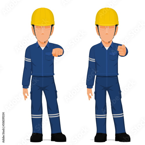 set of industrial worker is pointing to something