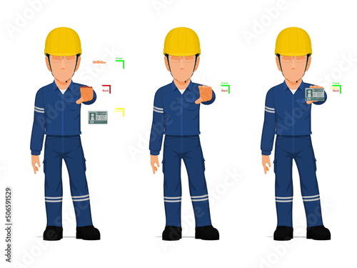 set of industrial worker is presenting a card