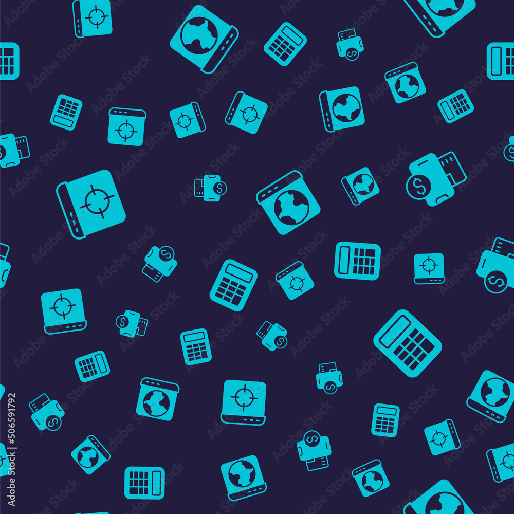 Set Target financial goal, Mobile with dollar, Worldwide and Calculator on seamless pattern. Vector Set Target financial goal, Mobile with dollar, Worldwide and Calculator on seamless pattern. Vector
