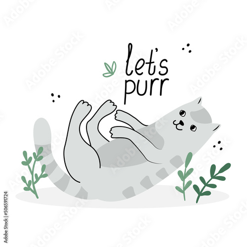 Card with a lovely cute purring cat. Hand drawn flat vector illustration and lettering. let's purr quote.