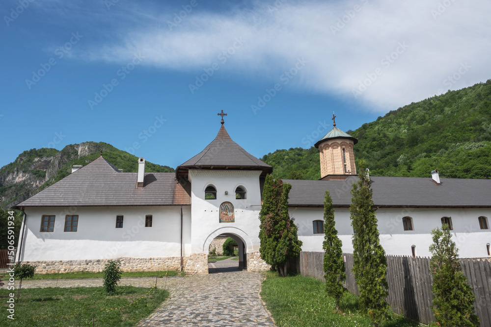 Entrance gate to the monastery. Polovragi Monastery in Gorj, Romania.