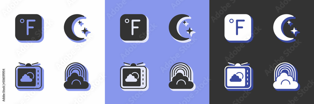 Set Rainbow with cloud, Fahrenheit, Weather forecast and Moon and stars icon. Vector Set Rainbow with cloud, Fahrenheit, Weather forecast and Moon and stars icon. Vector