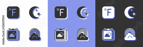 Set Rainbow with cloud, Fahrenheit, Weather forecast and Moon and stars icon. Vector