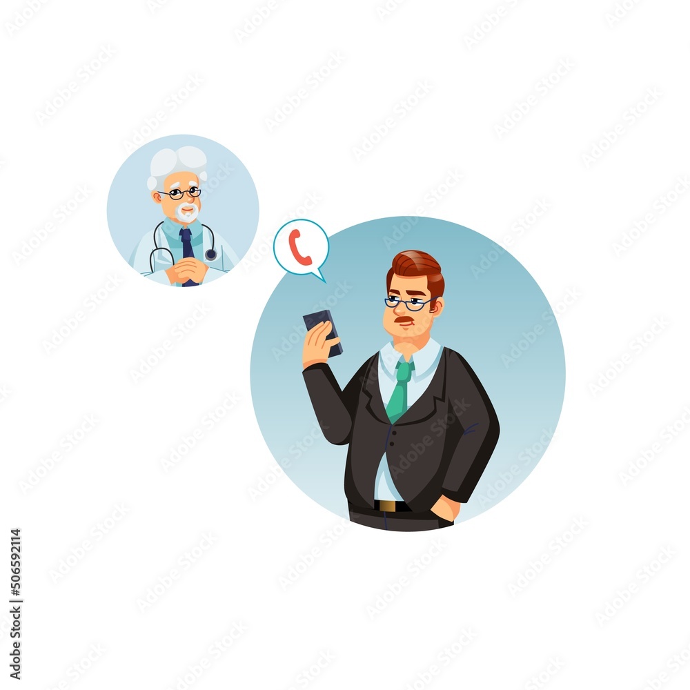 Vector cartoon flat businessman character calls to doctor via mobile phone on empty background-medical treatment and therapy concept,web site banner ad design Vector cartoon flat businessman character calls to doctor via mobile phone on empty background-medical treatment and therapy concept,web site banner ad design