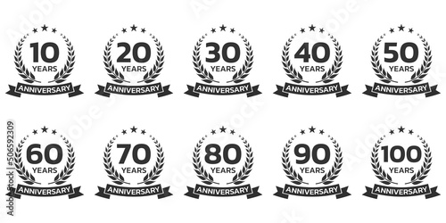 Anniversary icon or logo set with laurel wreath. 10, 20, 30, 40 ,50, 60, 70, 80, 90, 100 years jubilee, birthday badge, label or emblem. Celebration design element. Vector illustration.