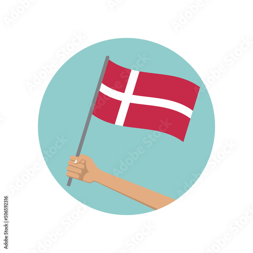 Denmark waving flag circle icon. Hand holding Danish flag. National symbol. Vector illustration. 
