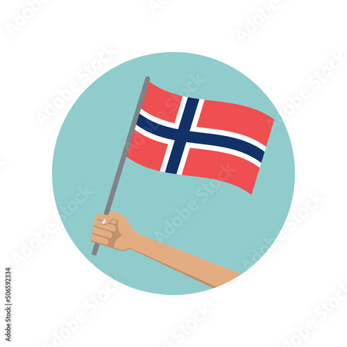 Norway waving flag circle icon. Hand holding Norwegian flag. National symbol. Vector illustration. 