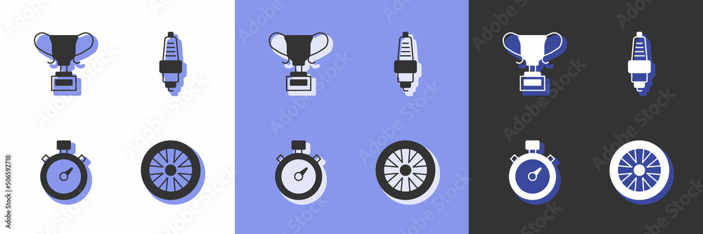 Set Alloy wheel for car, Award cup, Stopwatch and Car spark plug icon. Vector