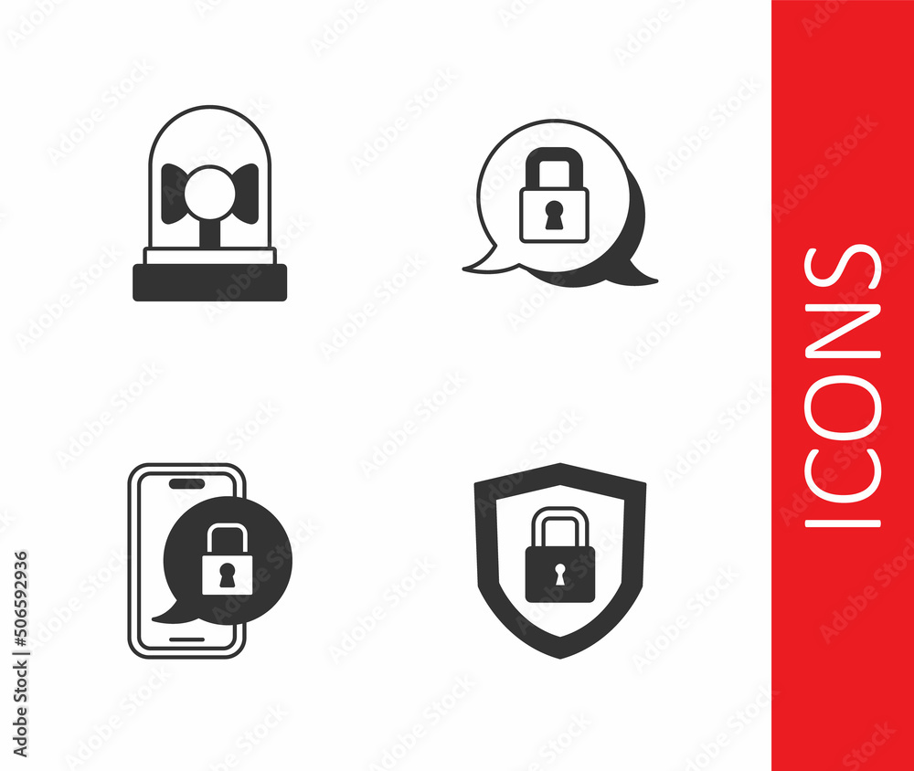 Set Shield security with lock, Ringing alarm bell, Mobile closed padlock and Lock icon. Vector Set Shield security with lock, Ringing alarm bell, Mobile closed padlock and Lock icon. Vector