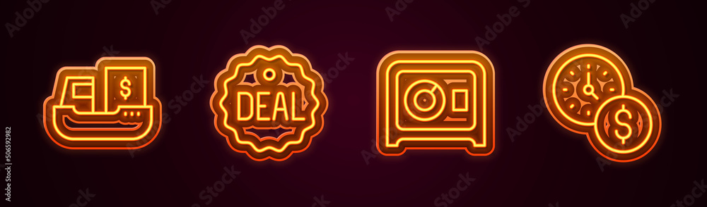 Set line Cargo ship with boxes delivery, Deal, Safe and Time is money. Glowing neon icon. Vector Set line Cargo ship with boxes delivery, Deal, Safe and Time is money. Glowing neon icon. Vector