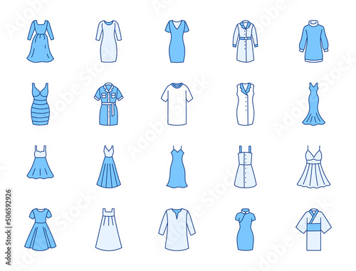 Clothes dresses doodle illustration including icons - modern sexy garment, evening, japanese kimono, sundress, bondage, safari. Thin line art about woman gown apparel. Blue Color, Editable Stroke photo