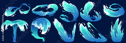 Blue water splashes, sea or ocean waves, swirls, fountain. Vector cartoon set of flowing water streams, tide, falling aqua, and burst effect with splat isolated on background