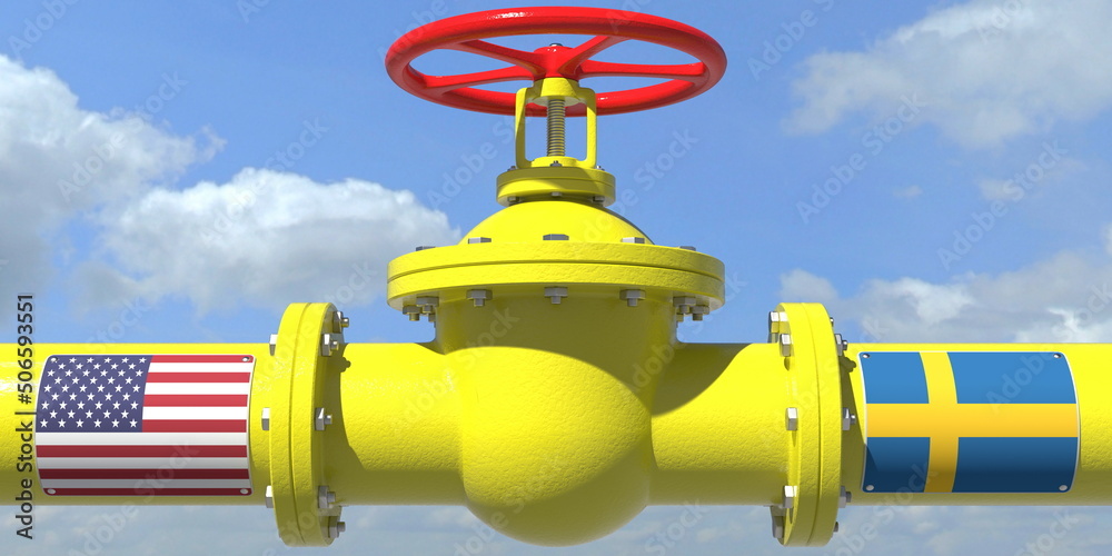 USA SWEDEN oil or gas transportation concept, pipe with valve. 3D rendering USA SWEDEN oil or gas transportation concept, pipe with valve. 3D rendering