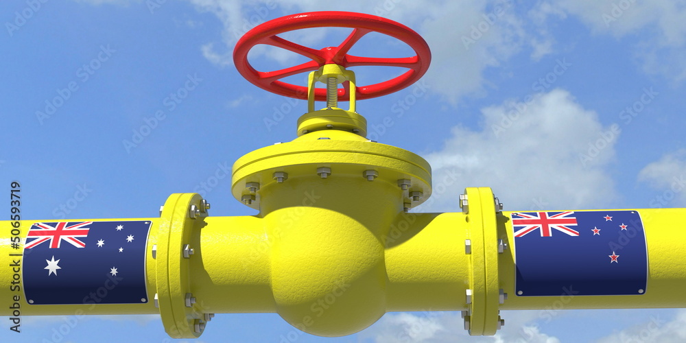 Fototapeta premium AUSTRALIA NEW ZEALAND gas or oil transit concept. Pipe with valve, 3D rendering