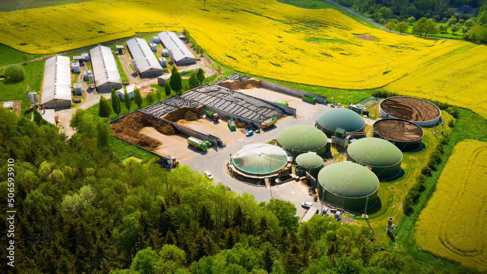 Biogas plant and farm in blooming rapeseed fields. Renewable energy from biomass. Aerial view to modern agriculture in Czech Republic and European Union.	 - obrazy, fototapety, plakaty 