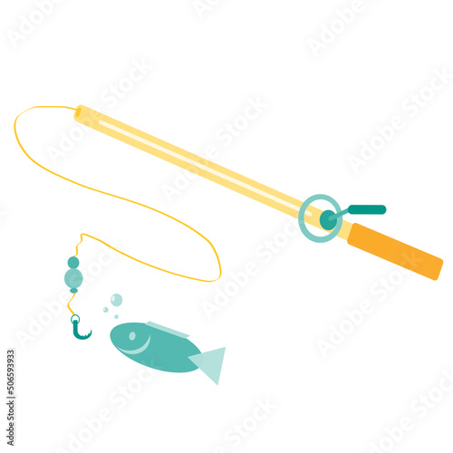 Vector illustration of fishing rod and fish. The fish looks at the hook. Fishing. To fish