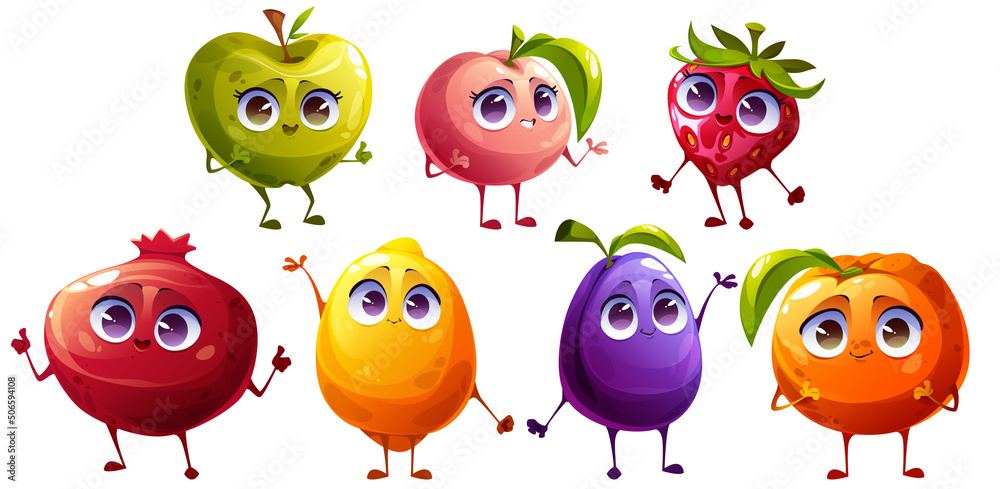 Obraz premium Cute fruit and berries characters smile. Comic funny strawberry, apple, plum, orange, peach, pomegranate and lemon. Vector cartoon set of happy healthy food emoji isolated on white background