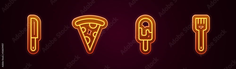 Set line Knife, Slice of pizza, Ice cream and Fork. Glowing neon icon. Vector Set line Knife, Slice of pizza, Ice cream and Fork. Glowing neon icon. Vector