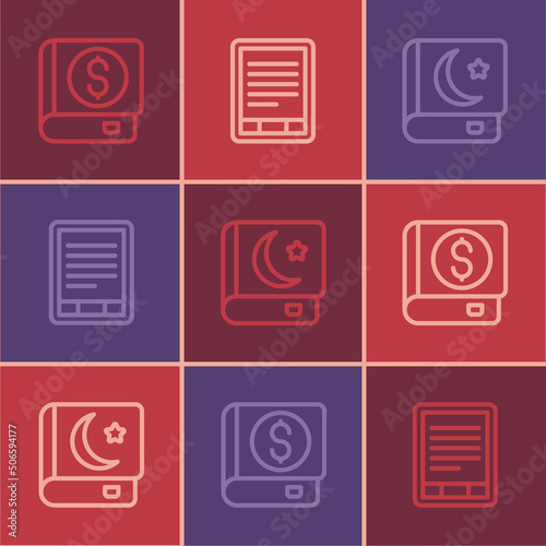 Set line Financial book, Holy of Koran and E-Book reader icon. Vector