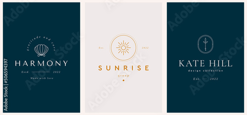 Vector abstract modern set logo design templates in trendy linear style in golden colors - luxury and jewelry concepts for exclusive services and products, beauty and spa industry