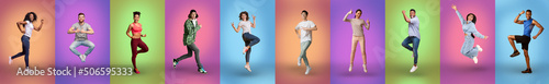 Active millennial men and women posing on colorful backgrounds, collage