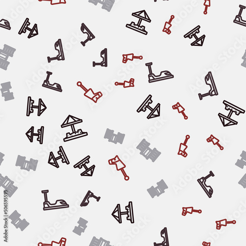 Set line Sandbox with sand, Bumper car, Swedish wall and Toy horse on seamless pattern. Vector