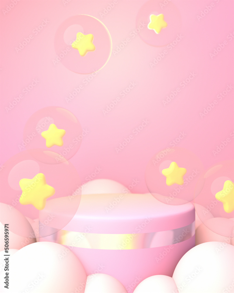 3d rendered pink podium with bubble stars and white clouds.