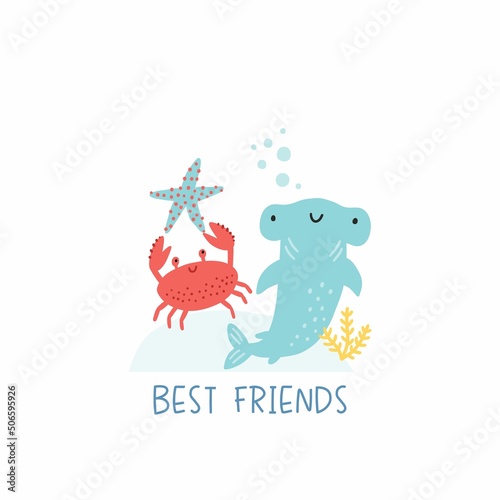 Cute cartoon undersea world. Deep Ocean or sea with crab, shark, starfish. Vector illustration - best friends