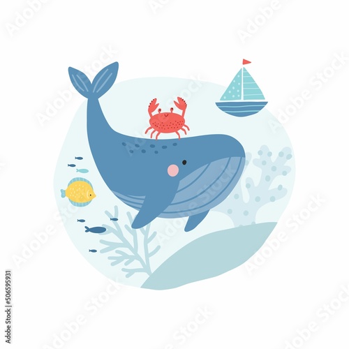 Cute cartoon undersea world. Deep Ocean or sea with fish, crab, whales, stars, ship, aquatic plants. Vector illustration